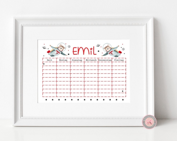 zuckersüßer Stundenplan, Astronaut Bär,  personalisiert mit Deinem Wunschnamen, Print A4  Einschulung Klassenwechsel  von Lüttentüddel®
